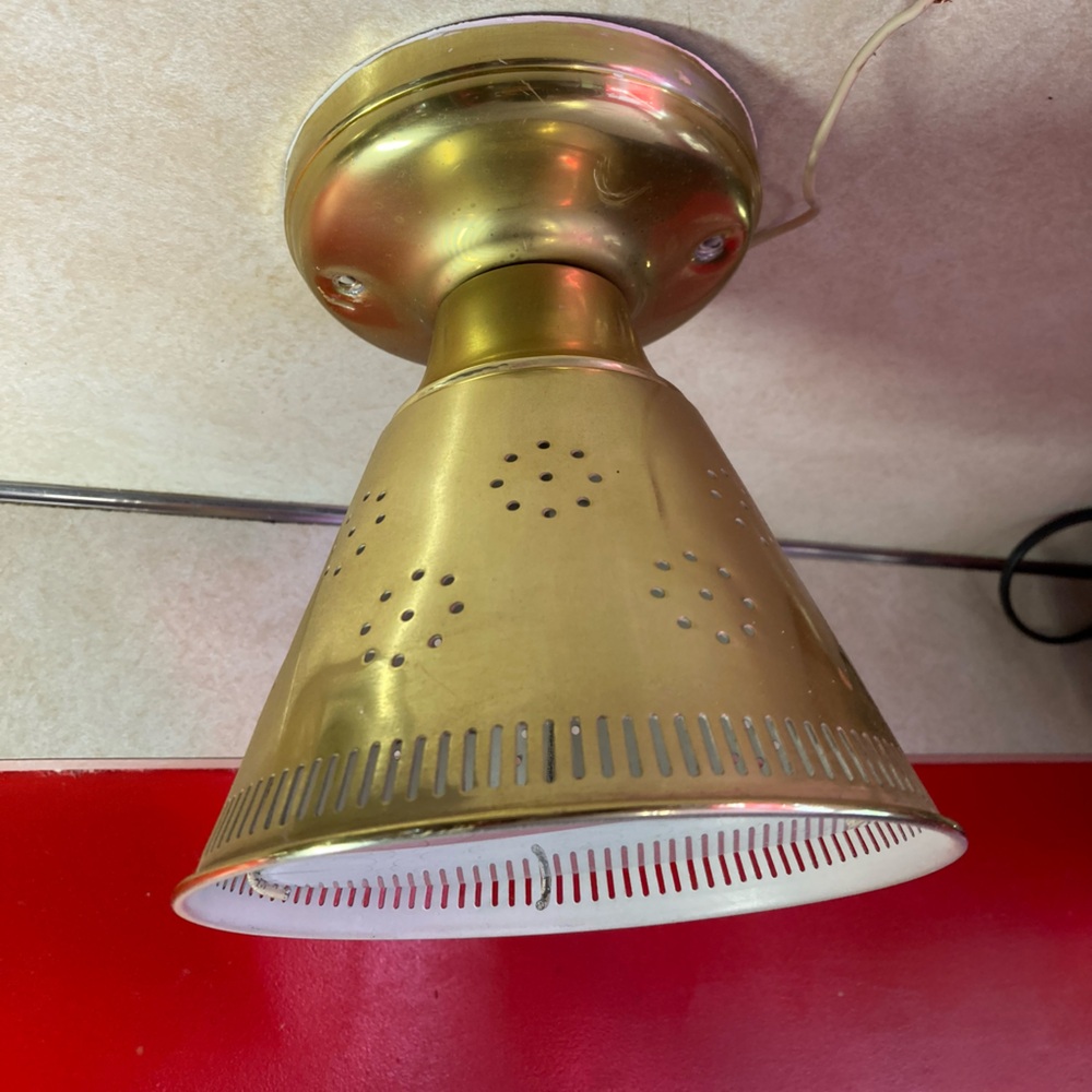 Halcolite Mid-century brass hanging hall fixture w/glass diffuser plate